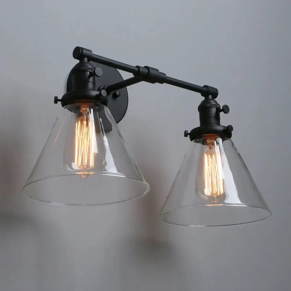 Industrial black double cone glass wall sconce bedroom light fixture