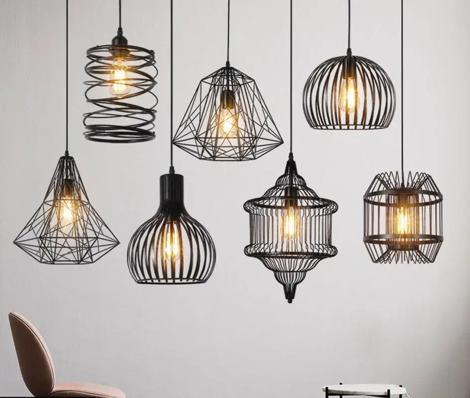 Industrial black geometric cage light frame pendant – dining room