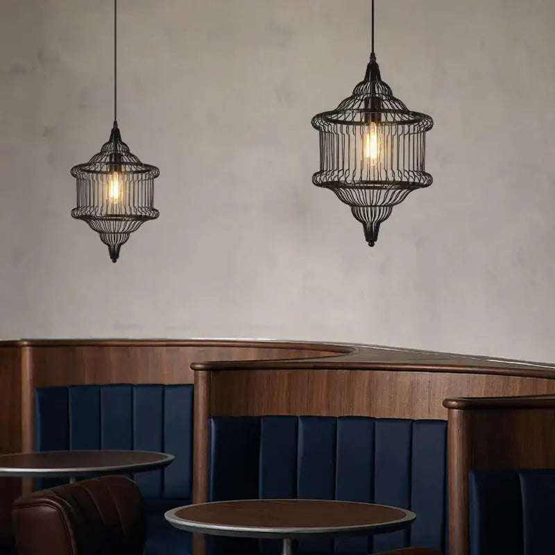 Industrial black geometric cage light frame pendant – dining room