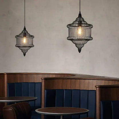 Industrial black geometric cage light frame pendant – dining room