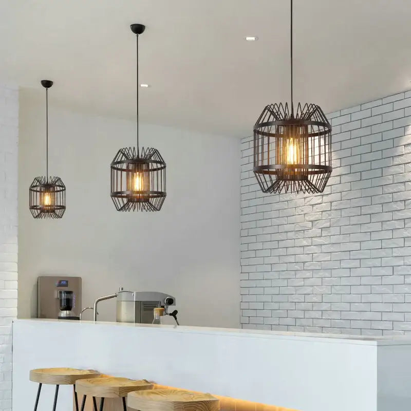 Industrial black geometric cage light frame pendant – dining room