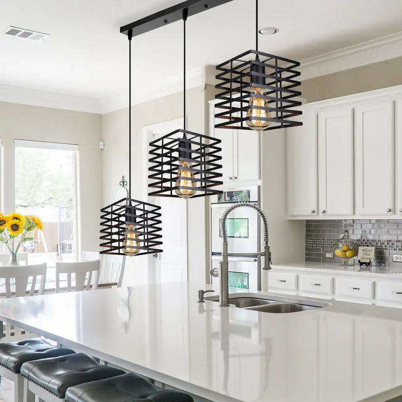 Industrial black geometric cage pendant light kitchen led