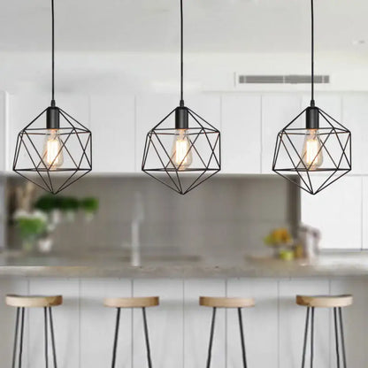 Industrial black & gold geometric cage pendant light kitchen 3 pack