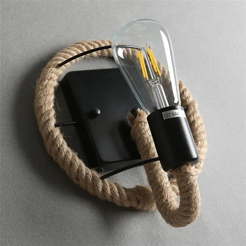 Industrial black hemp rope wall lamp living room sconce