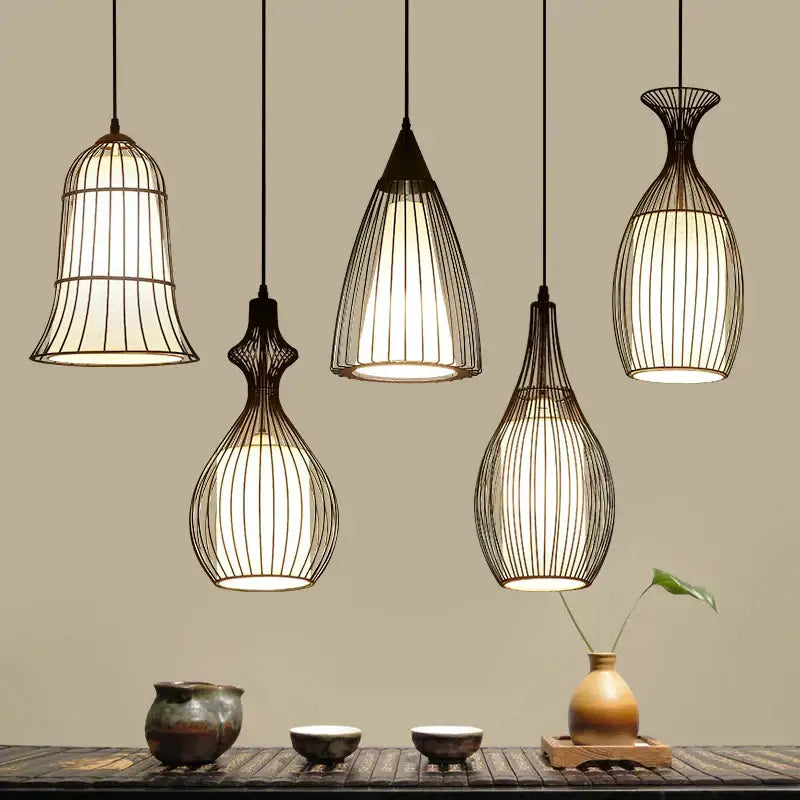 Industrial black iron cage pendant lights for dining room