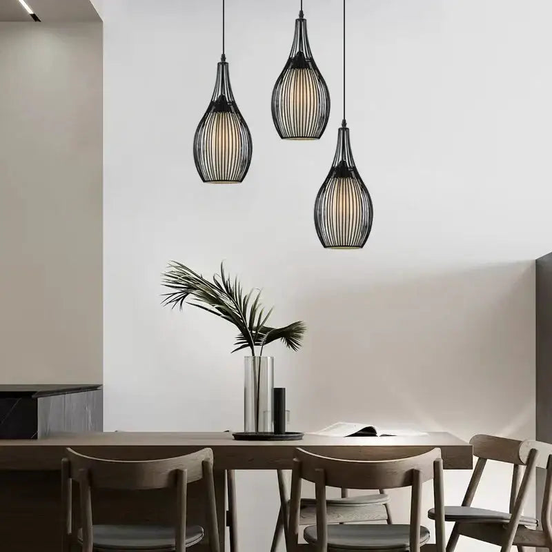 Industrial black iron cage pendant lights for dining room