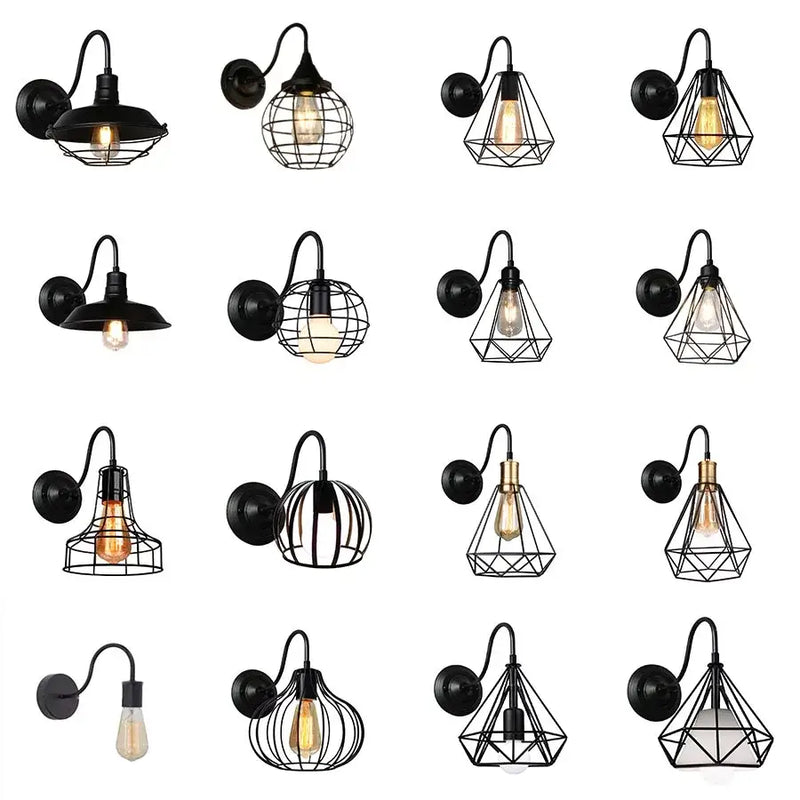 Industrial black iron cage wall sconce bedroom edison bulb light