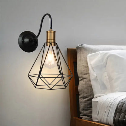 Industrial black iron cage wall sconce bedroom edison bulb light