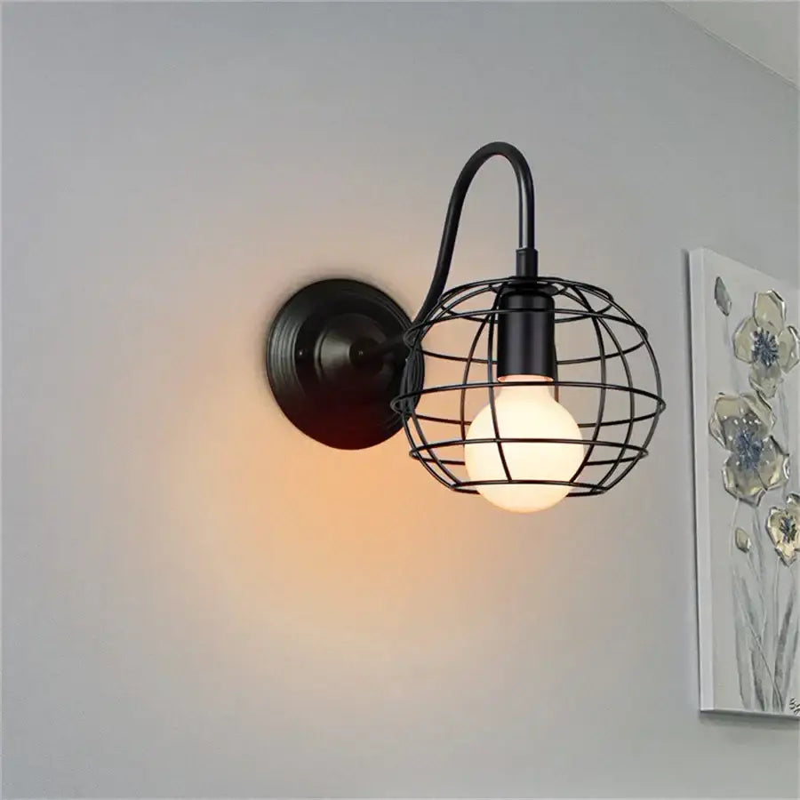 Industrial black iron cage wall sconce bedroom edison bulb light