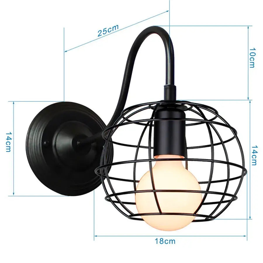 Industrial black iron cage wall sconce bedroom edison bulb light