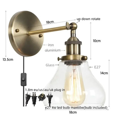 Industrial black iron led wall sconce with pull chain for bedroom