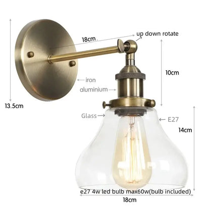 Industrial black iron led wall sconce with pull chain for bedroom