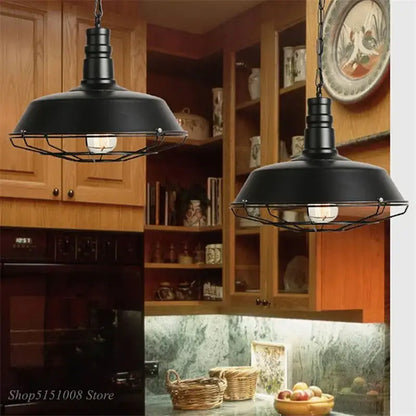 Industrial black iron pendant lights – dining room wire cage dome