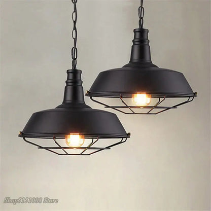 Industrial black iron pendant lights – dining room wire cage dome