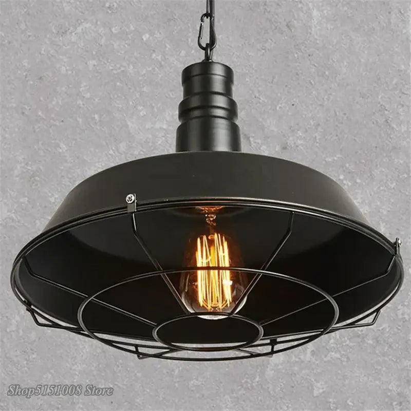 Industrial black iron pendant lights – dining room wire cage dome