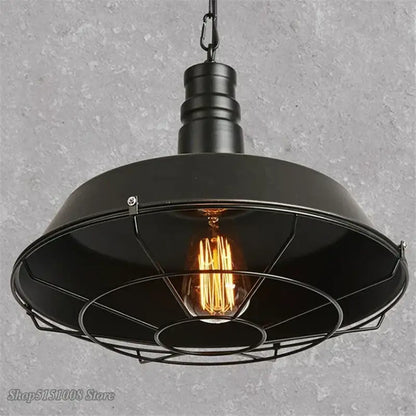 Industrial black iron pendant lights – dining room wire cage dome