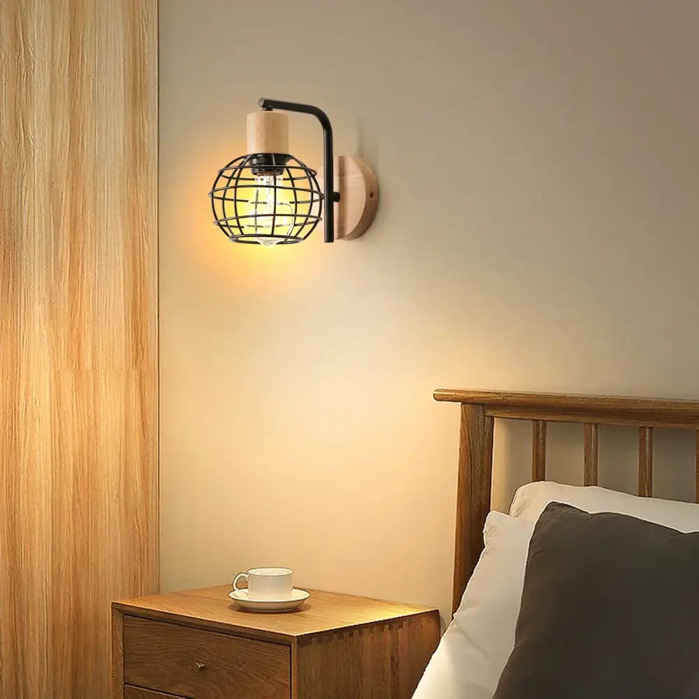 Industrial black iron wood wall lamp for bedroom cage sconce