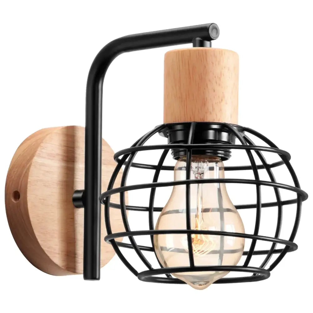 Industrial black iron wood wall lamp for bedroom cage sconce