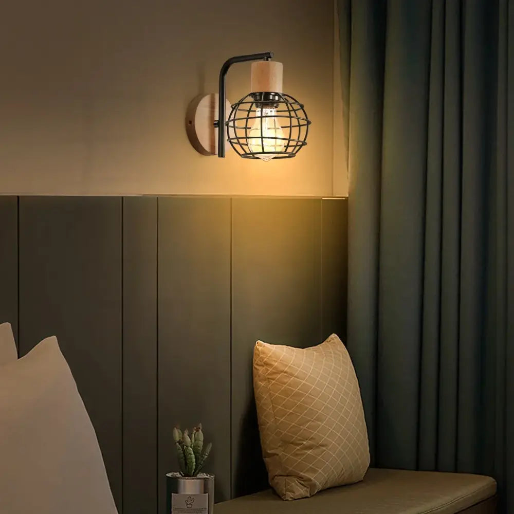 Industrial black iron wood wall lamp for bedroom cage sconce
