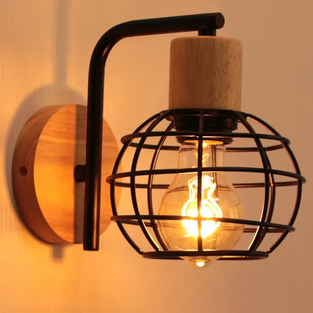 Industrial black iron wood wall lamp for bedroom cage sconce