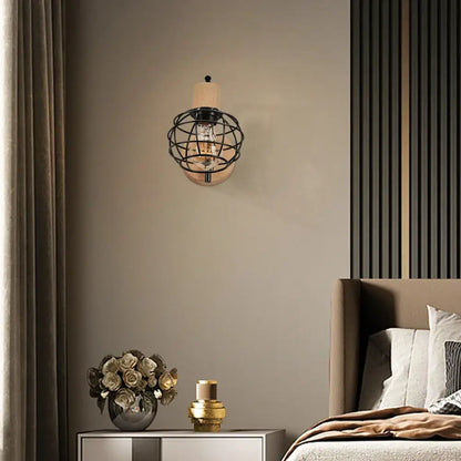 Industrial black iron wood wall lamp for bedroom cage sconce