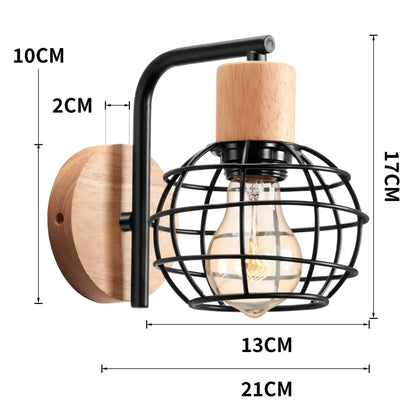 Industrial black iron wood wall lamp for bedroom cage sconce