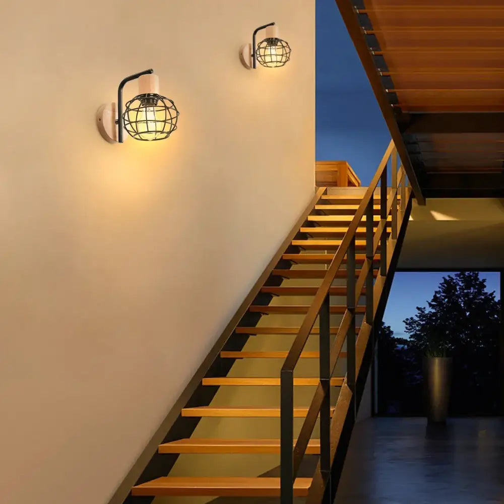 Industrial black iron wood wall lamp for bedroom cage sconce
