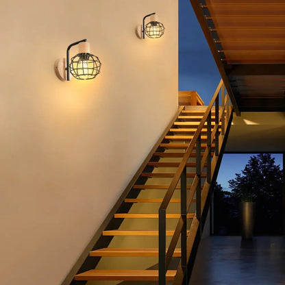 Industrial black iron wood wall lamp for bedroom cage sconce