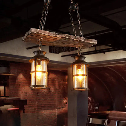 Industrial black lantern pendant light with wood decoration dining room