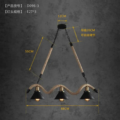 Industrial black led chandelier dining room conical rope pendant