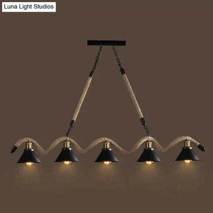 Industrial black led chandelier dining room conical rope pendant