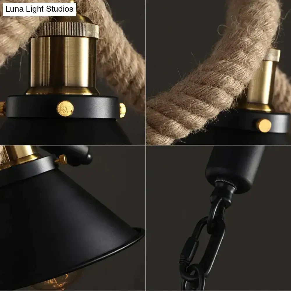 Industrial black led chandelier dining room conical rope pendant