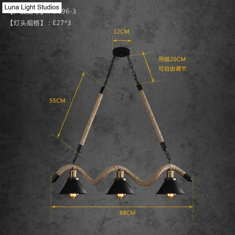 Industrial black led chandelier dining room conical rope pendant