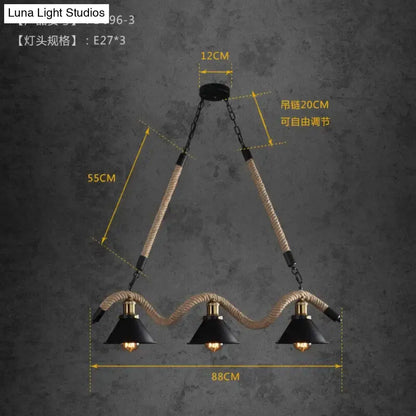 Industrial black led chandelier dining room conical rope pendant