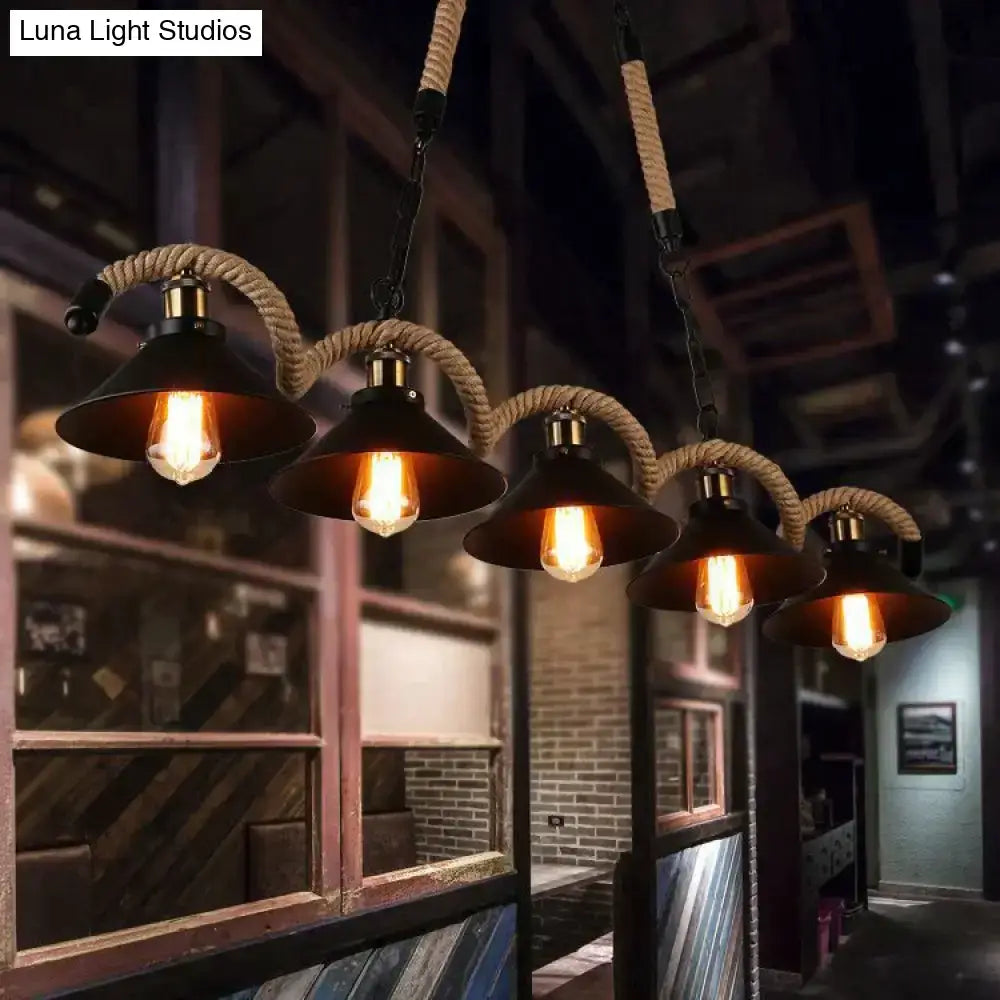 Industrial black led chandelier dining room conical rope pendant