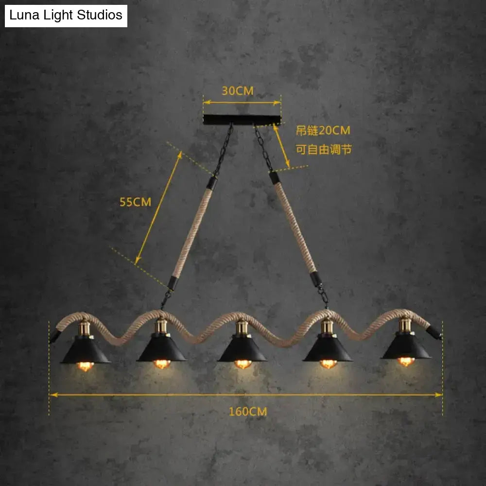 Industrial black led chandelier dining room conical rope pendant
