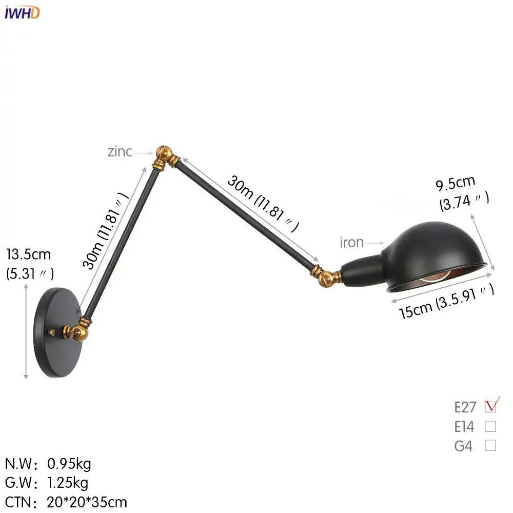 Industrial black loft antique edison wall light bedroom swing arm