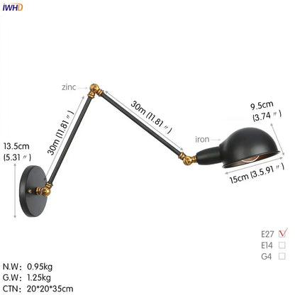 Industrial black loft antique edison wall light bedroom swing arm