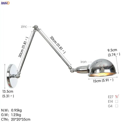 Industrial black loft antique edison wall light bedroom swing arm