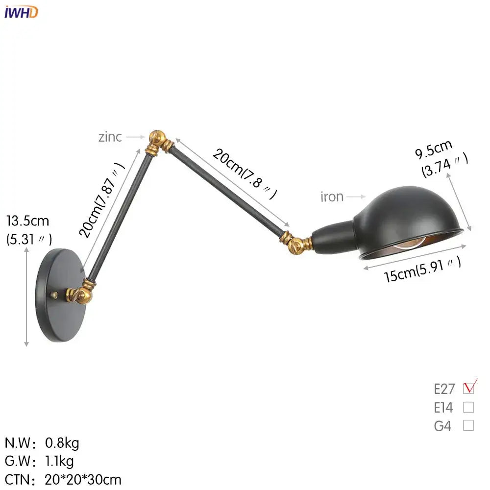 Industrial black loft antique edison wall light bedroom swing arm