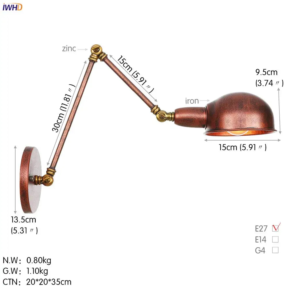 Industrial black loft antique edison wall light bedroom swing arm