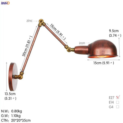 Industrial black loft antique edison wall light bedroom swing arm