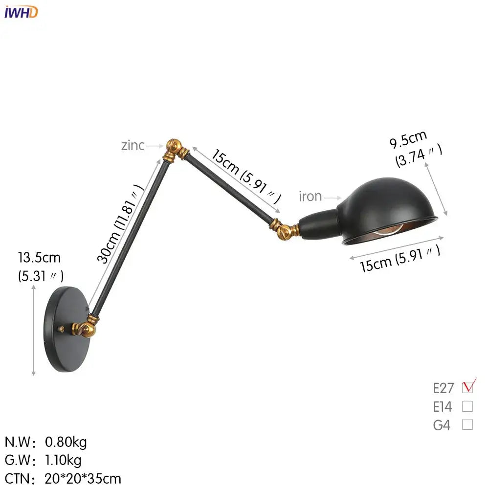 Industrial black loft antique edison wall light bedroom swing arm