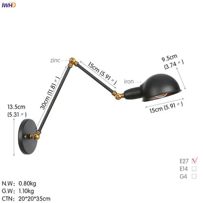 Industrial black loft antique edison wall light bedroom swing arm