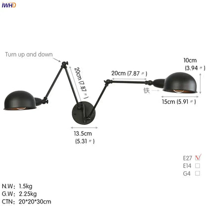 Industrial black loft antique edison wall light bedroom swing arm