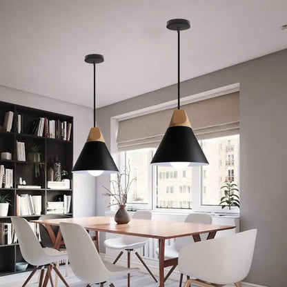 Industrial black matte aluminum pendant light kitchen wood accents