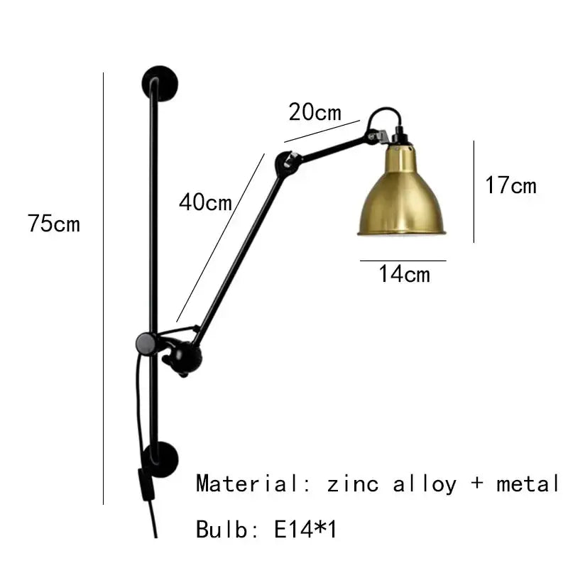 Industrial black matte wall lamp bedroom adjustable arm reading light