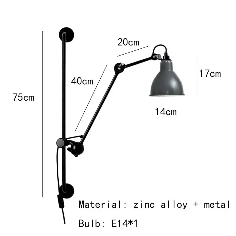 Industrial black matte wall lamp bedroom adjustable arm reading light