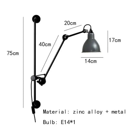 Industrial black matte wall lamp bedroom adjustable arm reading light