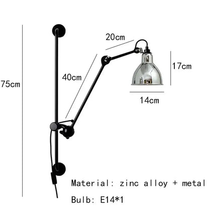 Industrial black matte wall lamp bedroom adjustable arm reading light